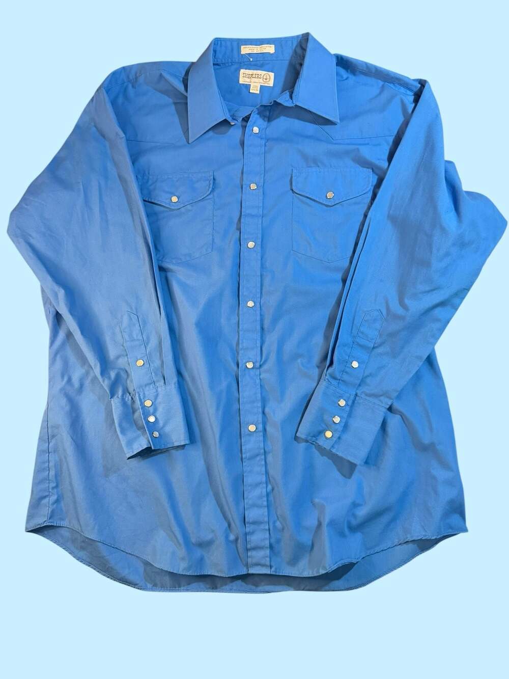 Vintage Sheplers Royal Blue Pearl Snap Long Sleeve Western Shirt Size 17.5-34